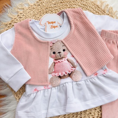 Conj. Colete, Blusa Ursinha de Crocê e Calça de Veludo Canelado - Rosa